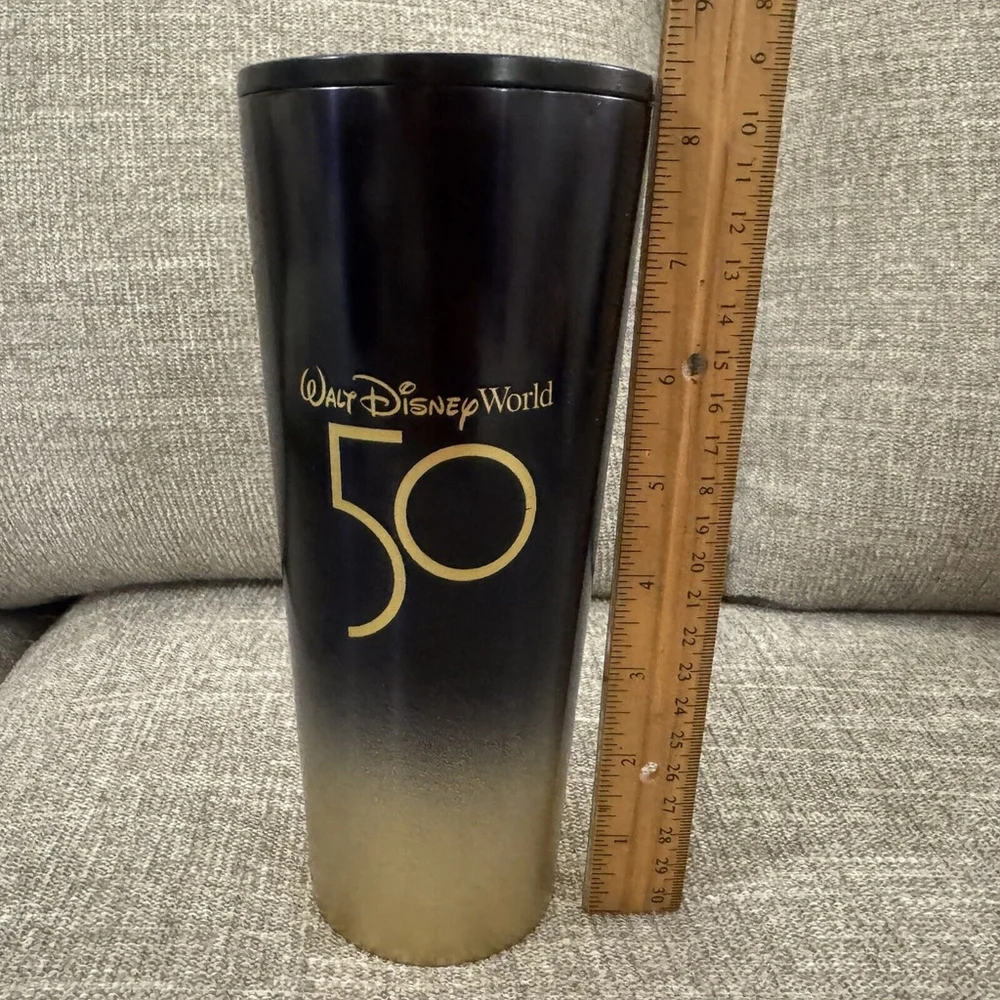 Disney World Starbucks 50th Anniversary Black Gold Metal Cold Tumbler No straw